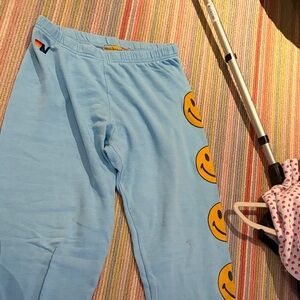 Women’s aviator nation Blue Pants with Yellow Smiley Faces